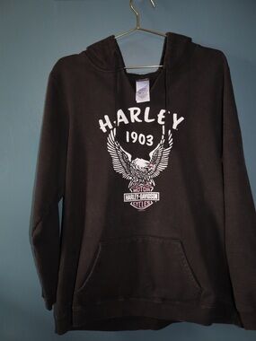 VTG |Harley-Davidson Men's Black Hoodie with White Eagle Graphic